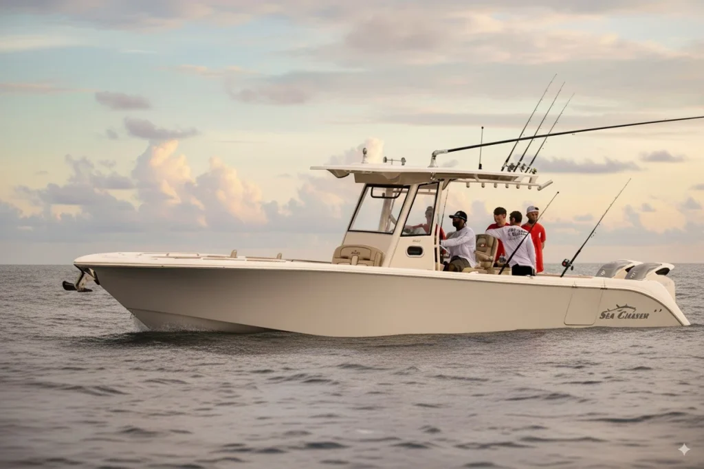 Sea Chaser 35 HFC boat on still lake with outriggers and fishermen